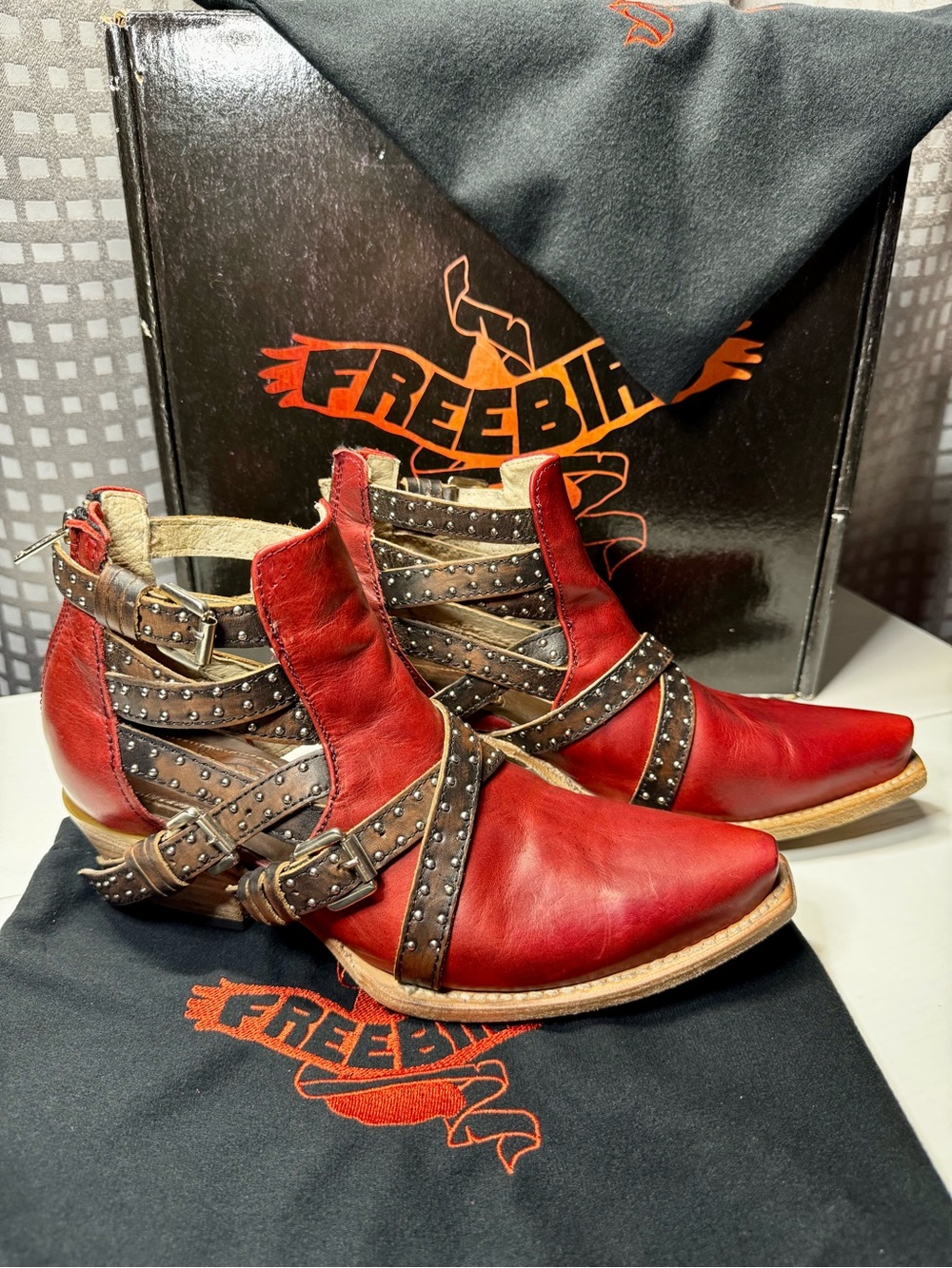 Freebird by Steven Red Leather Studded Ankle Booties with Brown Straps